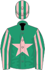 Emerald green, pink star, striped sleeves and cap