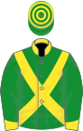 Green, yellow cross belts, collar and cuffs, hooped cap