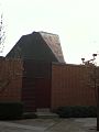 Congregation Rodef Sholom's stained glass window as seen from outside.