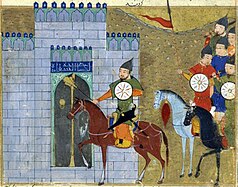 Painting of a horseman, with other cavalry behind, approaching a large building.