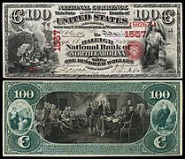 Obverse and reverse of a one-hundred-dollar National Bank Note