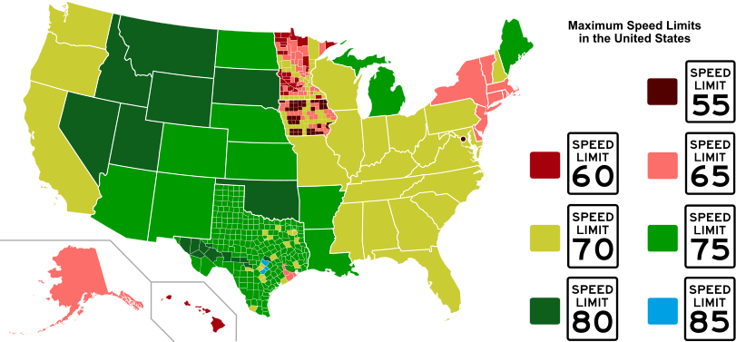 Дозволені швидкості на автомагістралях США (у милях за годину).