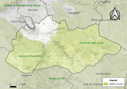 Carte des ZNIEFF de type 2 sur la commune.