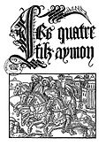 Page de titre d'une édition de L'Histoire des quatre fils Aymon (version attribuée à Huon de Villeneuve), 1497.