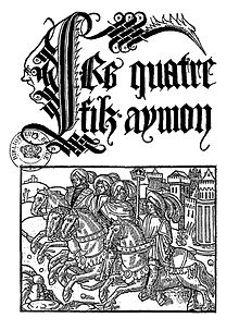 Première page en noir et blanc d'un imprimé avec le titre en écriture gothique, Les quatre fils Aymon, et une gravure les représentant