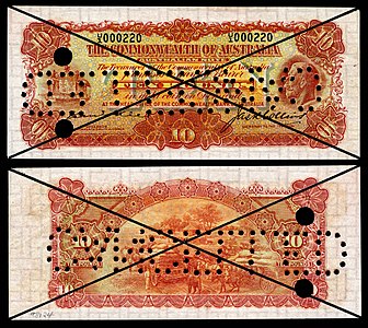 Australian ten-pound note from the series of 1923–25 at Banknotes of the Australian pound, by the Commonwealth Bank