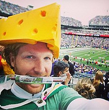 A man wearing a cheesehead hat in a football stadium