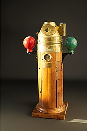 Binnacle with iron correcting spheres at each side and clinometer below compass