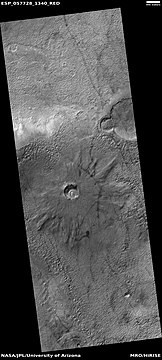 Crater, as seen by HiRISE under HiWish program. Dust devil tracks are also visible.