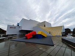 Building designed to resemble Lego bricks