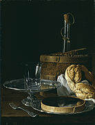 路易斯·埃希迪歐·梅倫德斯的《靜物》（Bodegón con caja de jalea, rosca de pan, salva con vaso y enfriador），49 × 37cm，約繪於1770年，來自阿蘭胡埃斯王宮[75]