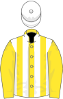 Yellow and white stripes, yellow sleeves, white cap