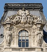 Buhardilla historiada, frontón y cariátides de la fachada sur del pabellón Turgot del Palacio del Louvre (ca. 1857).