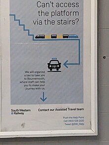 Poster stating 'Can't access the platforms via the stairs? We will organise a taxi to take you to Bournemouth, where staff can help you make your journey with us"
