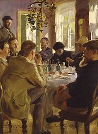 P.S. Krøyer: Ved Frokosten (1883), the painters lunching in the hotel