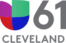 At left, the Univision logo, consisting of red, purple, green and blue blocks in the shape of a U. At right, a gray 61 in a sans serif. Below, the word Cleveland in all caps in gray.