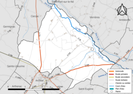 Carte en couleur présentant le réseau hydrographique de la commune