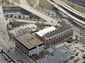 Aerial view; 1980s construction makes an "L" around the original Baltimore Block, which can be distinguished, here, by its flat roof