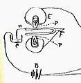 Fig. 3. Building on work by Helmholtz, Bell transmitted musical tones in 1872 using a tuning fork sounder, in which an electric current passed through a wire dipped into liquid in a cup (C) that was vibrated by the tuning fork.