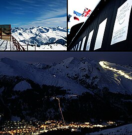 بالا چپ: Weissfluhjoch, بالا راست: مجمع جهانی اقتصاد congress centre, پایین: View over Davos and the Schatzalp و Parsenn (راست) ski area by night