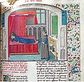 De casibus virorum illustrium, livre 8. Pétrarque apparaît à Boccace. Manuscrit de 1475.