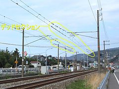 えちごトキめき鉄道日本海ひすいラインのデッドセクション えちご押上ひすい海岸（手前側：交流） - 梶屋敷（奥側：直流）間