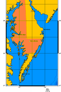 A map of the Delmarva Peninsula map with the Eastern Shore of Virginia (in yellow), the Eastern Shore of Maryland (in orange), and part of Delaware (also in yellow)