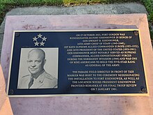 Plaque with President Dwight D. Eisenhower's brief military history and significance to Fort Eisenhower.