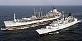 RFA Bayleaf (A109) conducts a Replenishment at Sea (RAS) with the Type 22 frigate HMS Cumberland.