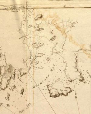 Machias Bay is on the coast of eastern Maine. Machiasport is located near the outlet of the Machias River into the bay. Upriver and north from Machiasport, the river branches, leading left (west) to Machias, and east to East Machias. Holmes Bay is a large bay in the northeastern part of Machias Bay, just east of the mouth of the Machias River.