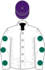 White, dark green spots on sleeves, purple cap