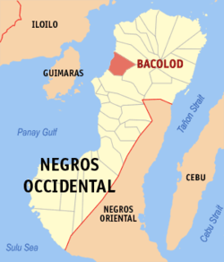 Mapa han Negros Occidental nga nagpapakita kon hain nahamutangan an Syudad han Bacolod.