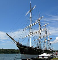 The museum ship Pommern is anchored in the western of Mariehamn's two harbours, Västerhamn.