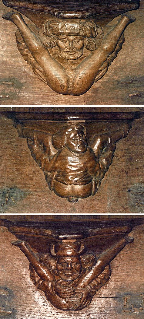 Three examples of carvings on the Tréguier stalls.