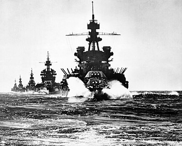 USS Pennsylvania entering the Lingayen Gulf at Battle of Luzon, by United States Navy