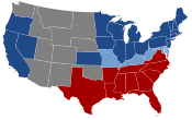 Map of the American Civil War divisions between northern states and southern states (blue is north, and red is south)