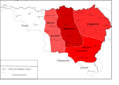 Area of the Walloon language (the most important one): the white-coloured areas are those of the Picard language, Lorrain language, and Champenois. Some old smaller current Germanic areas.