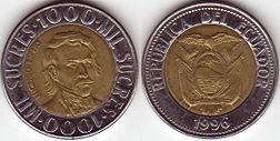 에콰도르 1,000 수크레 동전 (1996년 발행)