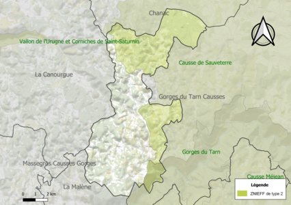 Carte des ZNIEFF de type 2 sur la commune.