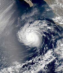 A photograph of a tropical storm off the Pacific coast of Mexico. The cloud pattern is tightly wound and well-organized, and there is a dimple near the center of the storm, indicating that it was in the process of developing an eye-like feature. A band of clouds, oriented from west-southwest to east-northeast, can be seen to the south.