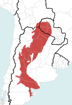 En color rojo se observa la distribución de la tortuga terrestre argentina (Chelonoidis chilensis).