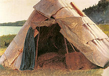 A painting of a Native-American wigwam made of tan-colored hides sitting by the water.