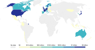 Carte montrant que les États-Unis, plusieurs pays européens et le Japon ont contribué à la majeure partie du Fonds vert pour le climat.