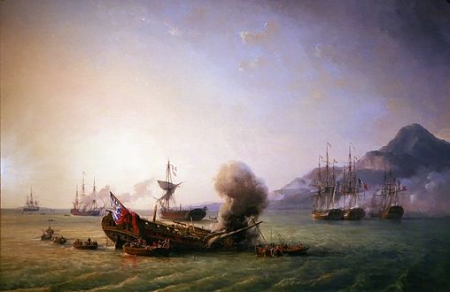 Le Combat de Grand Port by Pierre Julien Gilbert. Visible from left to right: HMS Iphigenia (seen striking her colours), HMS Magicienne and HMS Sirius being set on fire by their crews, HMS Nereide surrendering, French frigate Bellone, French frigate Minerve, Victor (in the background) and Ceylon. Many of the details shown in the painting did not happen simultaneously but were spread over several days.