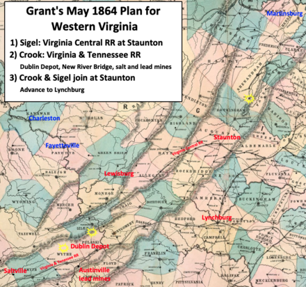 map of western Virginia showing Union targets along Virginia & Tennessee Railroad (salt mines, lead mines, Dublin Depot) and Virginia Central Railroad