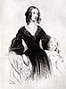 black and white drawing of Jane Stirling, dressed in a dark robe, a small child with curly hair standing on the right, her left arm around his shoulders
