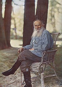 Tolstoy photographed at his Yasnaya Polyana estate in May 1908 by Sergey Prokudin-Gorsky. The only known color photograph of the writer.