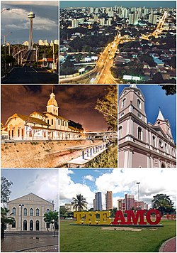 From the top: Estaiada Mirante bridge, Teresina at night, Railway station complex, Cathedral of Our Lady of Sorrows, September 4th Theater and tourist signboard