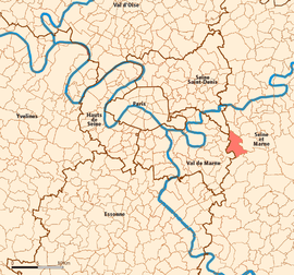 Location (in red) within Paris inner and outer suburbs