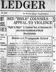 Scan of a newspaper front page. The word "Leger", part of the title, is visible at the top. The rest, so far as legible in this image, reads: RED "BIBLE" COUNSELS APPEAL TO VIOLENCE / "Right is Might" is Cardinal text of Doctrines Expounded in Guidebook of World Revolutionists / Bolshevist Propaganda Seized / [illegible byline] / Boston, Oct. 26—Pamphlets and other I.W.W. literature containing rules and instructions for burning buildings and shooting from concealed places have been seized by army intelligence officers here. The "Red" literature was discovered by military authorities. An organized campaign is being waged by the War Department against Bolshevist propagandists, anarchists and the I.W.W. / By Paul W. Ackermann / Public Ledger Correspondent